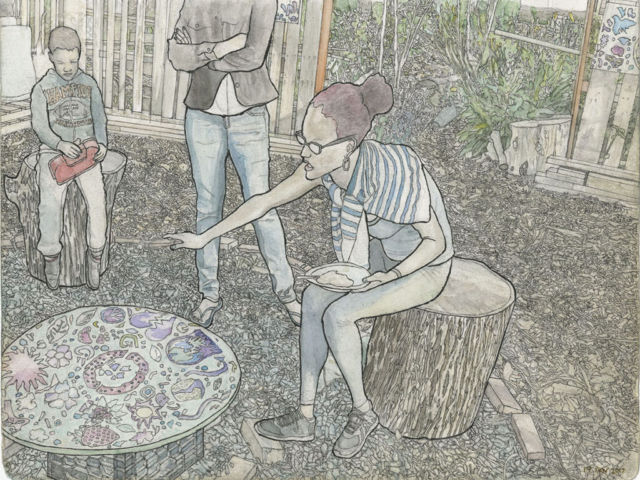 Ink and watercolor on paper.